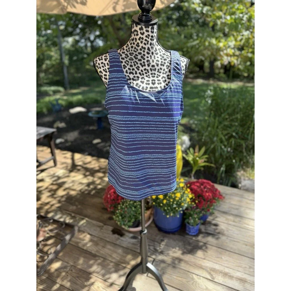L.L. Bean Blue Tankini Swimsuit Bathing Suit Top Size 18 Dotted Stripe Modest